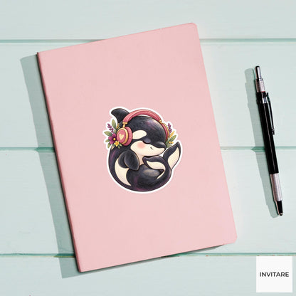 Headphone Orca Sticker, Watercolor Whale Listening to Music for Cozy Journals and Playlist Lovers
