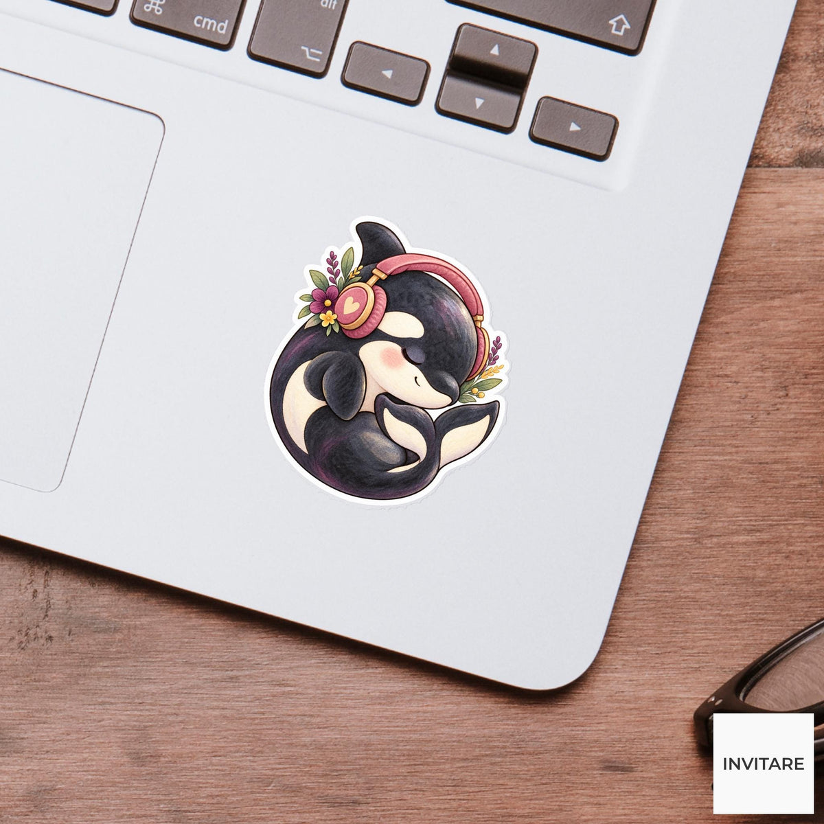 Headphone Orca Sticker, Watercolor Whale Listening to Music for Cozy Journals and Playlist Lovers