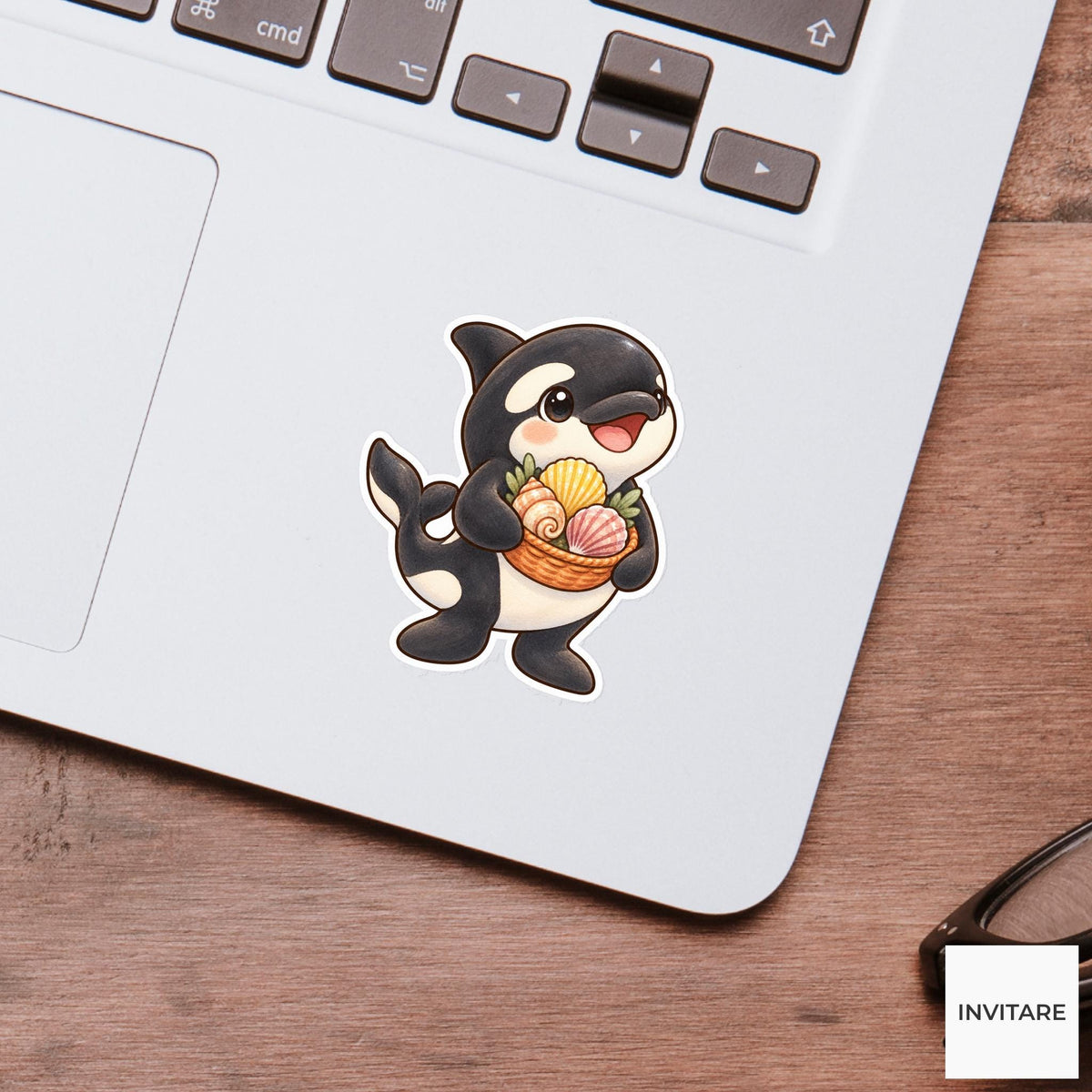 Seashell Orca Sticker, Watercolor Whale with Beach Basket for Coastal Journals and Shell Collectors
