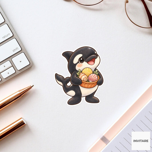 Seashell Orca Sticker, Watercolor Whale with Beach Basket for Coastal Journals and Shell Collectors
