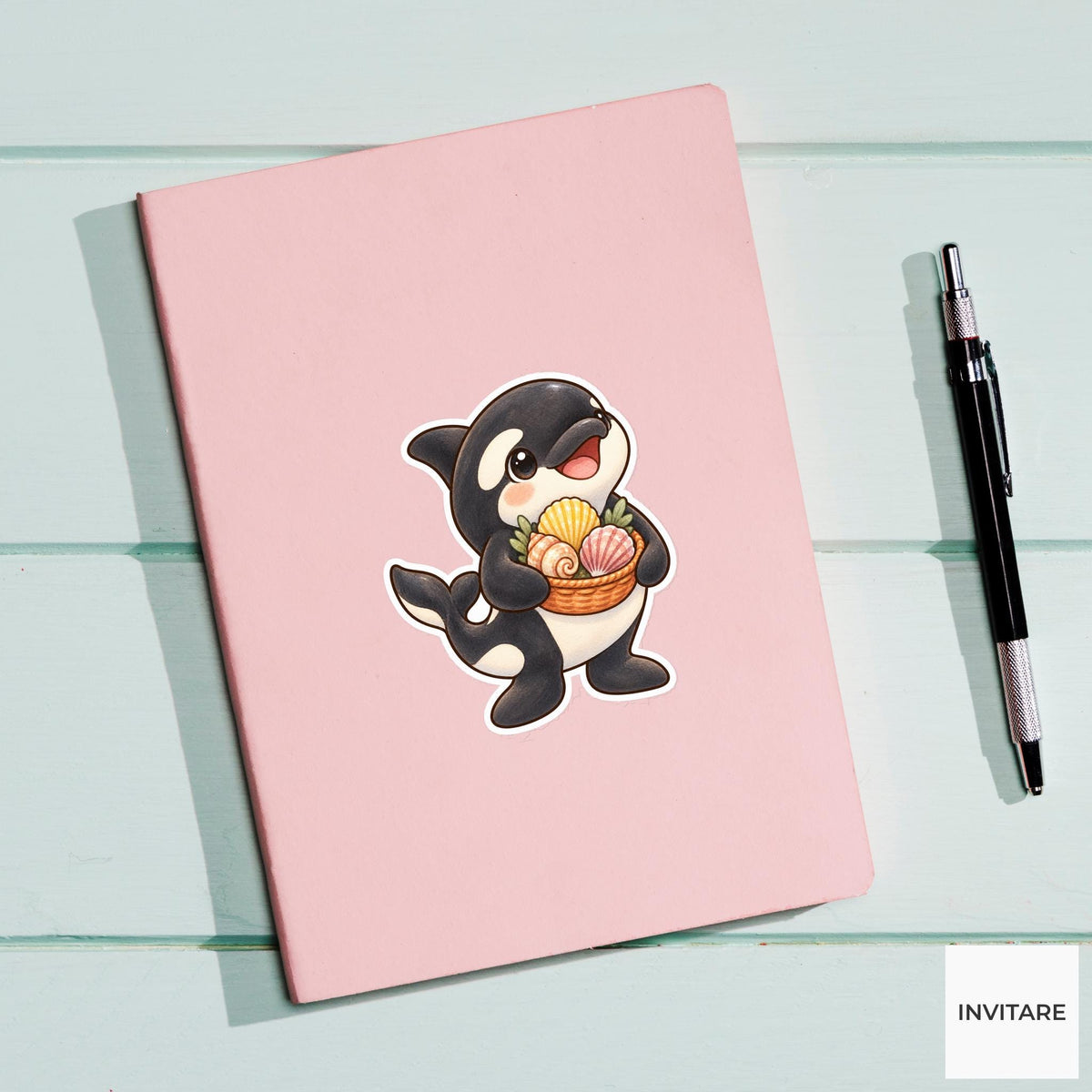 Seashell Orca Sticker, Watercolor Whale with Beach Basket for Coastal Journals and Shell Collectors