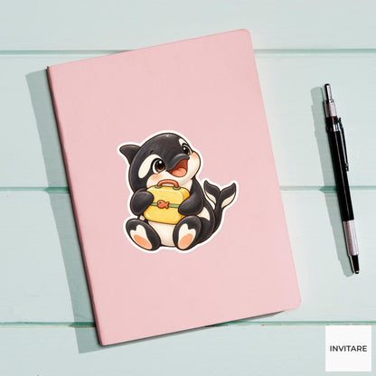 Lunchbox Orca Sticker, Watercolor Whale with Yellow Bag for School Journals and Cute Planners
