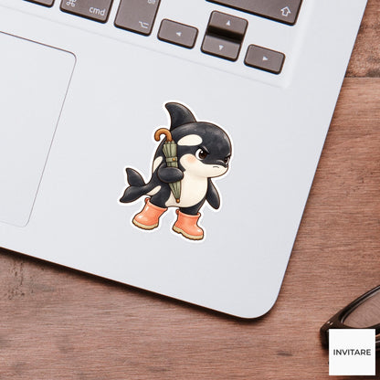 Rain Boots Orca Sticker, Grumpy Watercolor Whale with Umbrella for Funny Journals and Planners