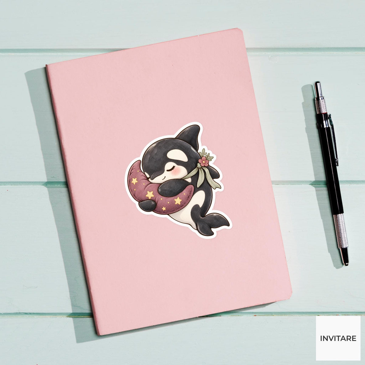 Moon Cushion Orca Sticker, Sleepy Watercolor Whale for Celestial Journals and Cozy Planner Decor