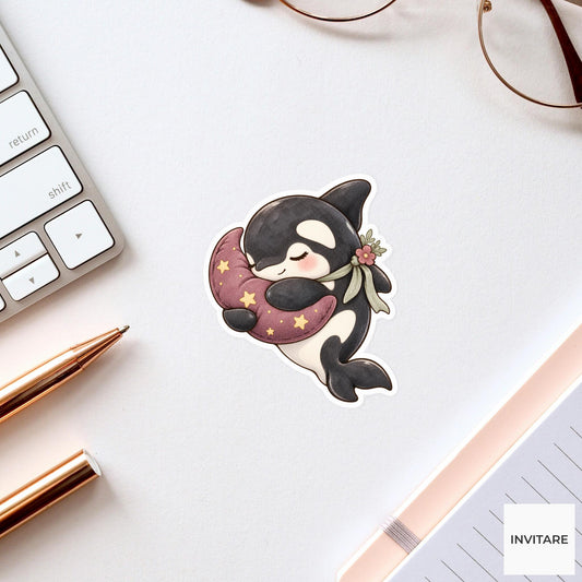 Moon Cushion Orca Sticker, Sleepy Watercolor Whale for Celestial Journals and Cozy Planner Decor