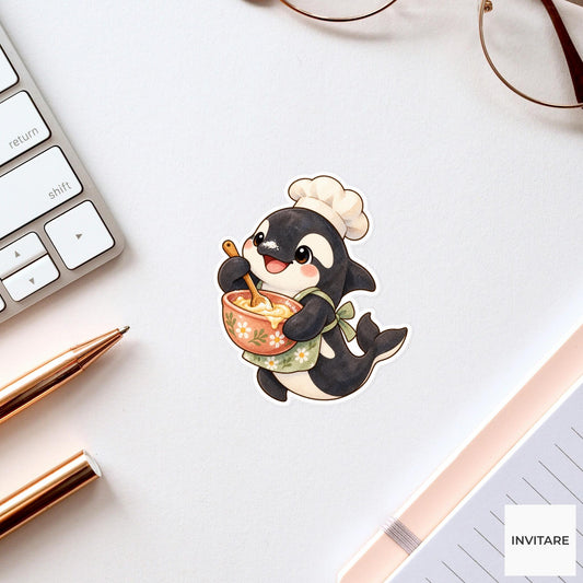 Baking Orca Sticker, Watercolor Whale Mixing Batter for Recipe Journals and Cute Baker Gifts