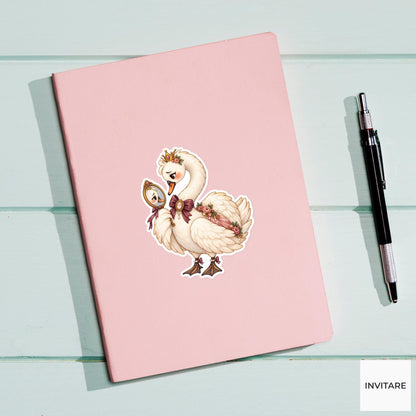 Swan Mirror Sticker, Elegant Watercolor Bird with Floral Crown for Romantic Journals and Planners