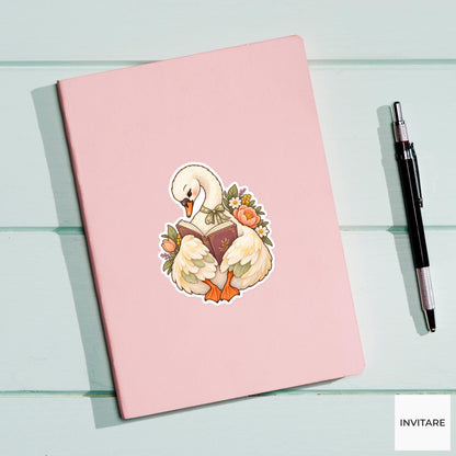 Reading Swan Sticker, Watercolor Bookish Bird with Flowers for Literary Journals and Reader Gifts