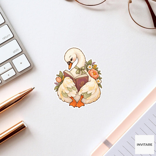 Reading Swan Sticker, Watercolor Bookish Bird with Flowers for Literary Journals and Reader Gifts