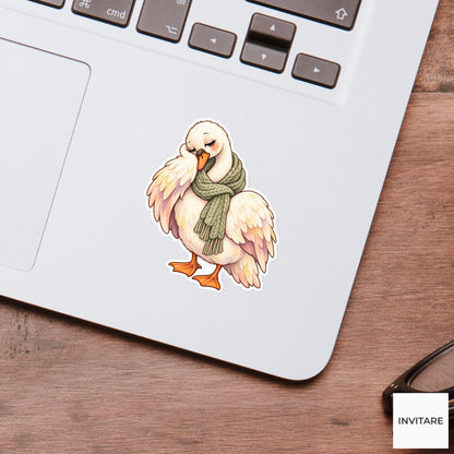 Cozy Scarf Swan Sticker, Sleepy Watercolor Bird in Sage Knit for Winter Journal Decor