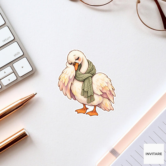 Cozy Scarf Swan Sticker, Sleepy Watercolor Bird in Sage Knit for Winter Journal Decor