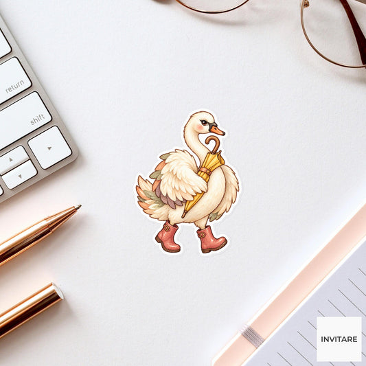 Rain Boots Swan Sticker, Watercolor Bird with Umbrella for Rainy Day Journals and Planners