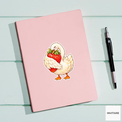 Strawberry Swan Sticker, Watercolor Bird Hugging Berry for Sweet Cottagecore Journals and Cute Planners