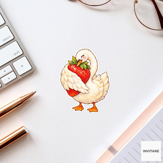 Strawberry Swan Sticker, Watercolor Bird Hugging Berry for Sweet Cottagecore Journals and Cute Planners
