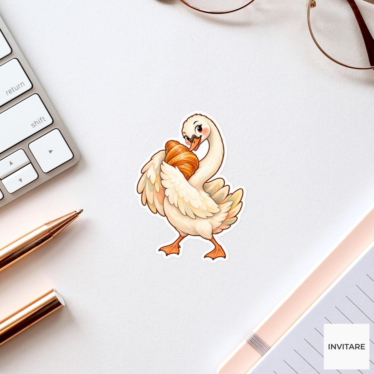 Croissant Swan Sticker, Watercolor Breakfast Bird for Bakery Journals and Cute Pastry Lover Gifts