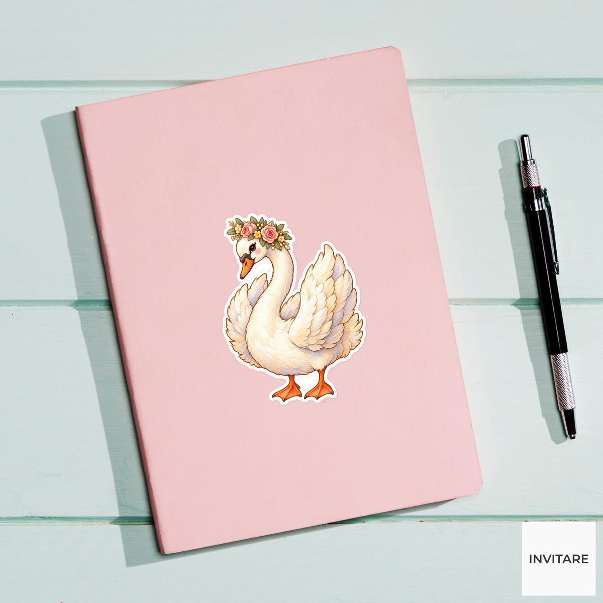Flower Crown Swan Sticker, Watercolor Bird with Blush Roses for Romantic Journals and Planners