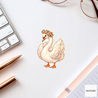 Flower Crown Swan Sticker, Watercolor Bird with Blush Roses for Romantic Journals and Planners