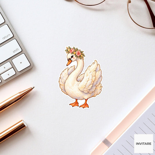 Flower Crown Swan Sticker, Watercolor Bird with Blush Roses for Romantic Journals and Planners