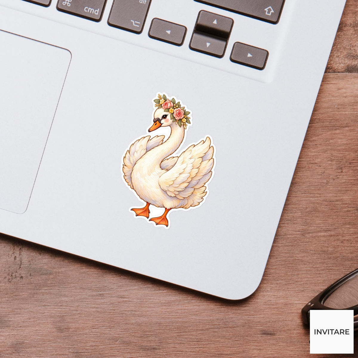 Flower Crown Swan Sticker, Watercolor Bird with Blush Roses for Romantic Journals and Planners
