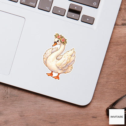 Flower Crown Swan Sticker, Watercolor Bird with Blush Roses for Romantic Journals and Planners