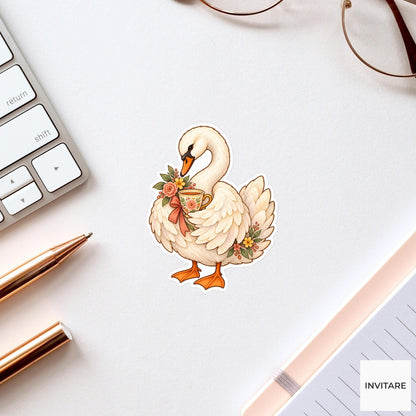 Teacup Swan Sticker, Watercolor Bird with Floral Cup for Journals and Tea Lover Gifts