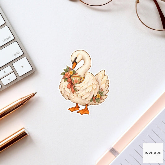 Teacup Swan Sticker, Watercolor Bird with Floral Cup for Journals and Tea Lover Gifts