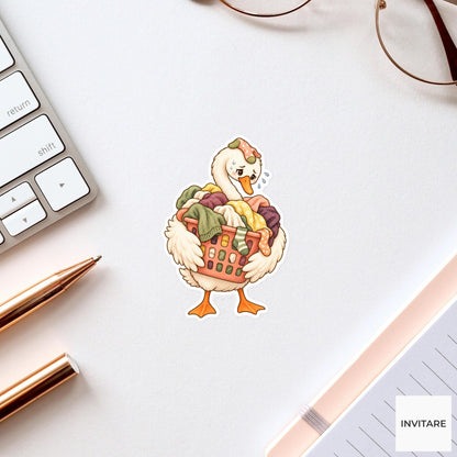 Laundry Swan Sticker, Overwhelmed Watercolor Bird with Basket for Funny Chore Journals and Planners