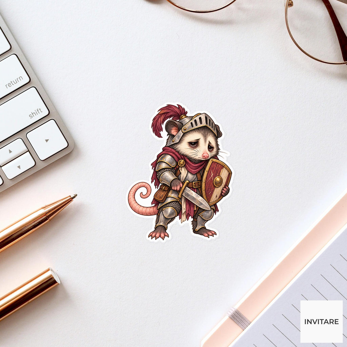 Tired Possum Knight Sticker, Watercolor Medieval Animal with Armor for Fantasy Journals and Planners