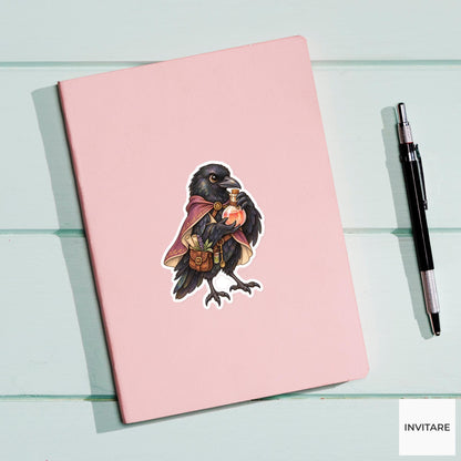 Crow Alchemist Sticker, Watercolor Medieval Bird with Potion for Fantasy Journals and Magic Lovers