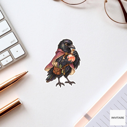 Crow Alchemist Sticker, Watercolor Medieval Bird with Potion for Fantasy Journals and Magic Lovers