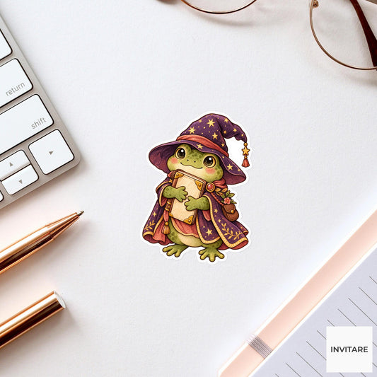 Frog Wizard Sticker, Watercolor Animal with Starry Hat for Fantasy Journals and Magic Lovers