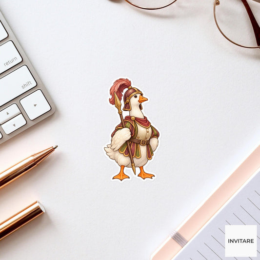 Goose Royal Guard Sticker, Watercolor Medieval Bird with Spear for Fantasy Journals and Planners