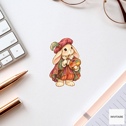 Bunny Court Painter Sticker, Watercolor Medieval Artist for Creative Journals and Rabbit Lover Gifts