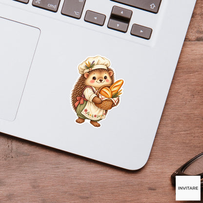 Hedgehog Baker Sticker, Watercolor Medieval Animal with Bread Basket for Recipe Journals and Gifts