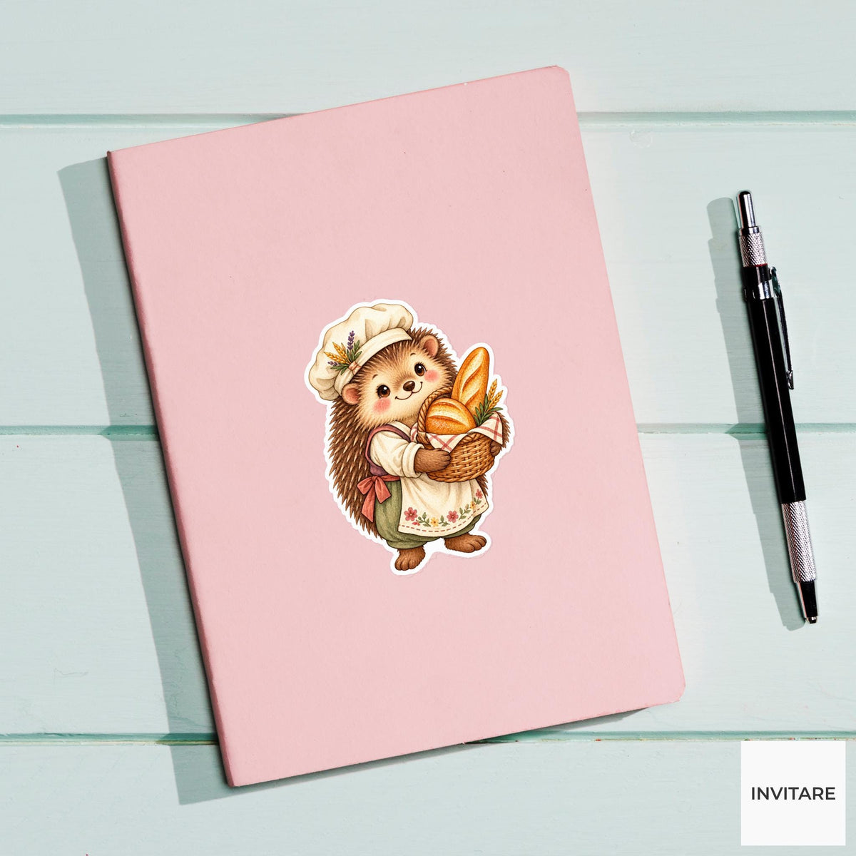 Hedgehog Baker Sticker, Watercolor Medieval Animal with Bread Basket for Recipe Journals and Gifts