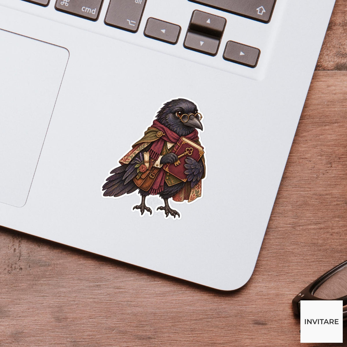 Raven Archivist Sticker, Watercolor Dark Academia Bird for Bookish Journals and Antique Library Lovers