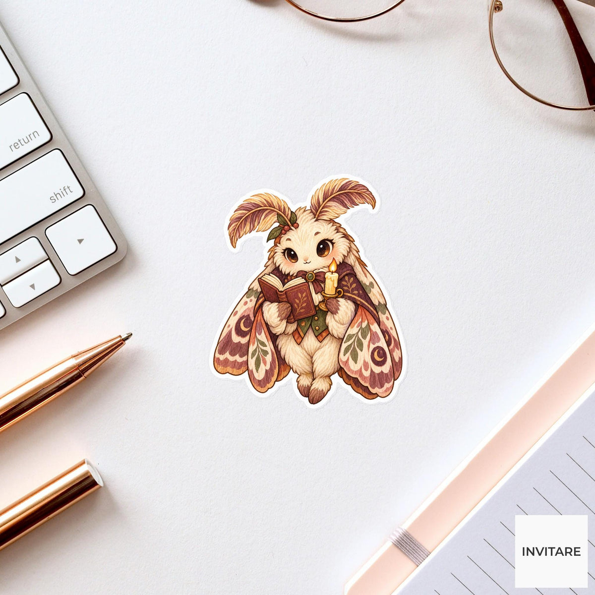 Moth Reader Sticker, Watercolor Dark Academia Animal with Candle for Bookish Journals and Gifts