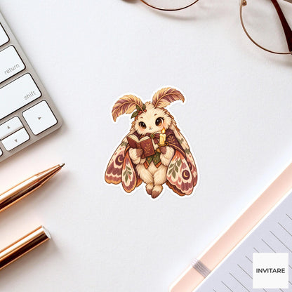 Moth Reader Sticker, Watercolor Dark Academia Animal with Candle for Bookish Journals and Gifts