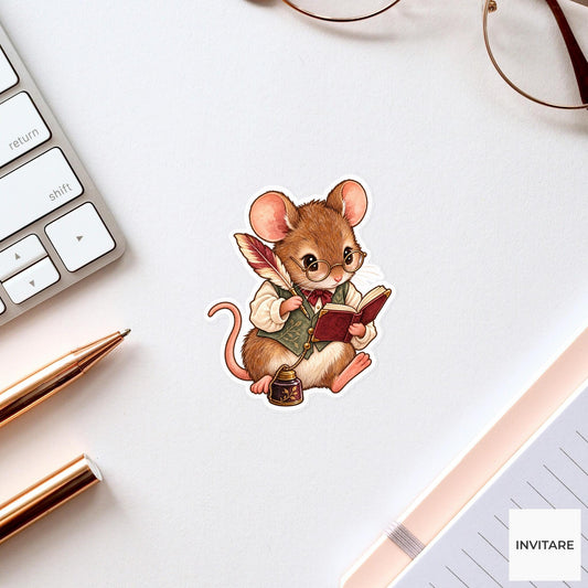 Mouse Scribe Sticker, Watercolor Dark Academia Animal with Quill for Writing Journals and Gifts