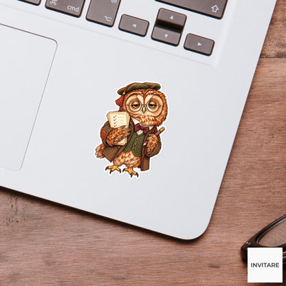 Tired Owl Professor Sticker, Watercolor Dark Academia Bird Grading Papers for Journals and Gifts