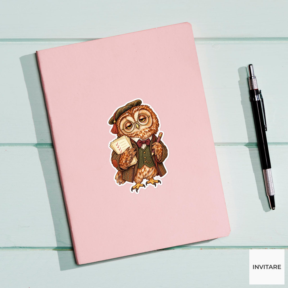 Tired Owl Professor Sticker, Watercolor Dark Academia Bird Grading Papers for Journals and Gifts