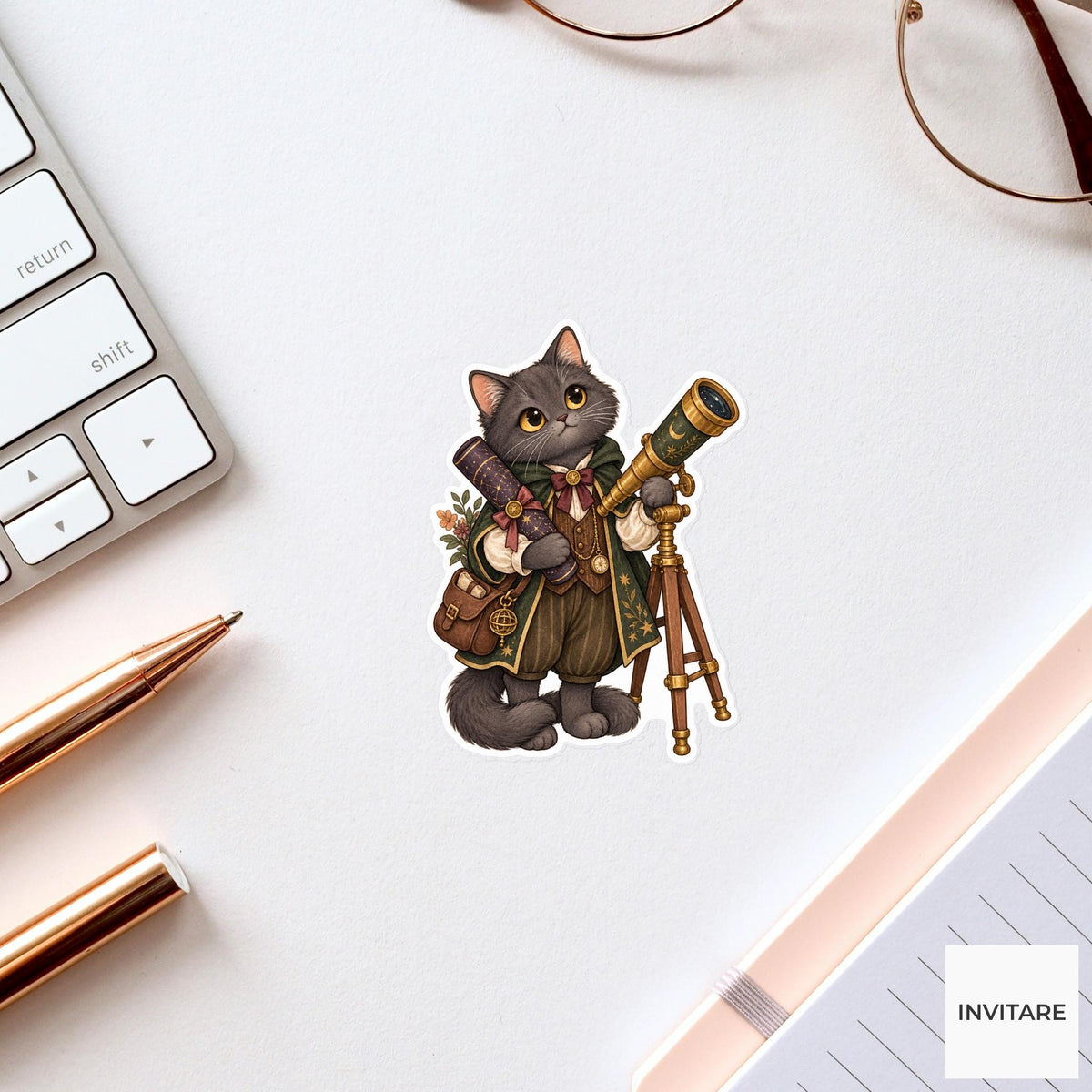 Cat Astronomer Sticker, Watercolor Dark Academia Animal with Telescope for Celestial Journals and Gifts