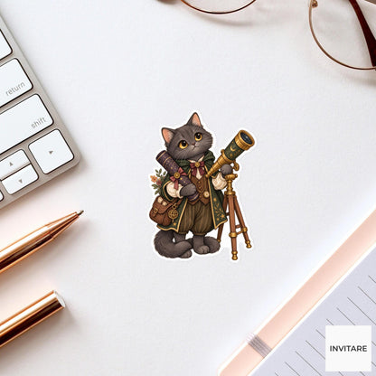Cat Astronomer Sticker, Watercolor Dark Academia Animal with Telescope for Celestial Journals and Gifts