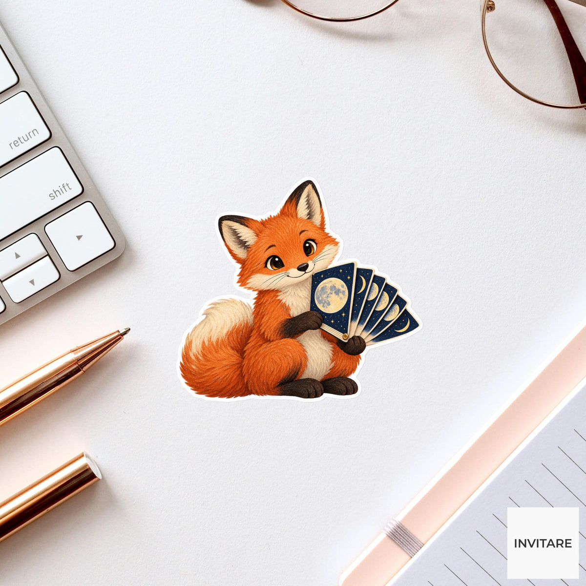 Fox holding a moon-phase flipbook with one page open like a fan Vinyl Sticker