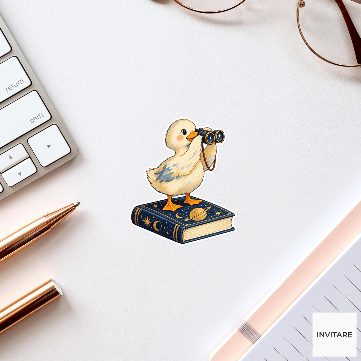 Duck looking through tiny binoculars while balancing on a closed astronomy book Vinyl Sticker