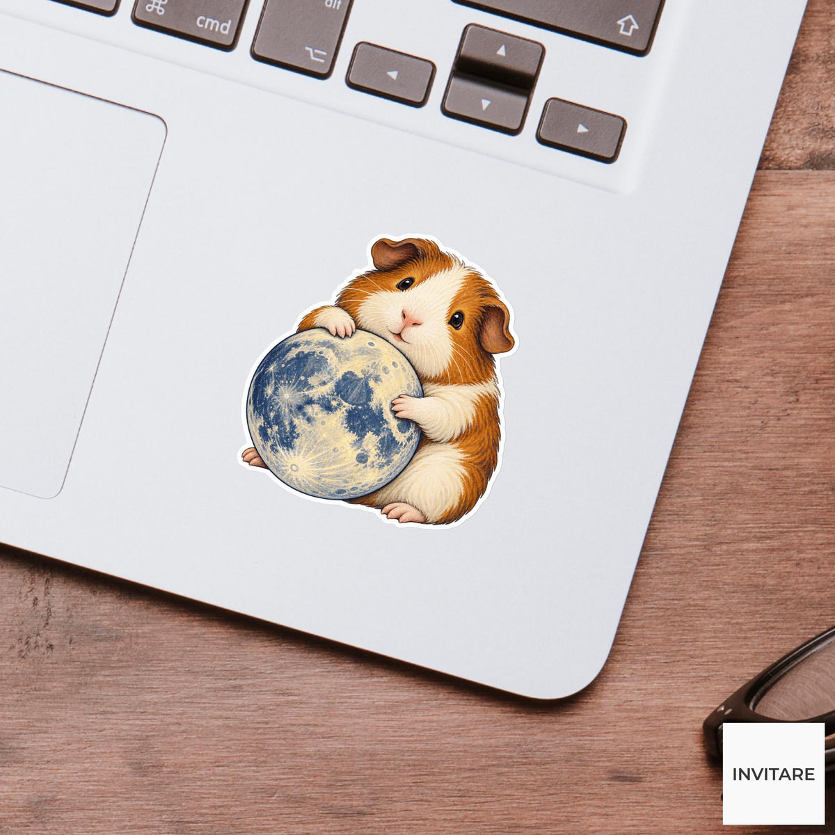 Guinea pig hugging a round illustrated moon globe with both paws Vinyl Sticker