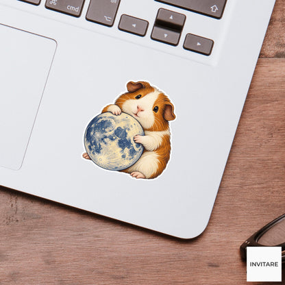 Guinea pig hugging a round illustrated moon globe with both paws Vinyl Sticker