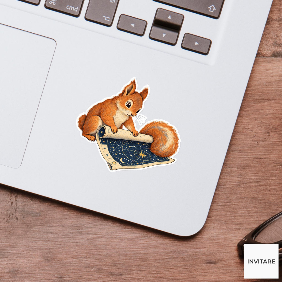 Squirrel rolling a star chart into a tube with its bushy tail as a paperweight Vinyl Sticker