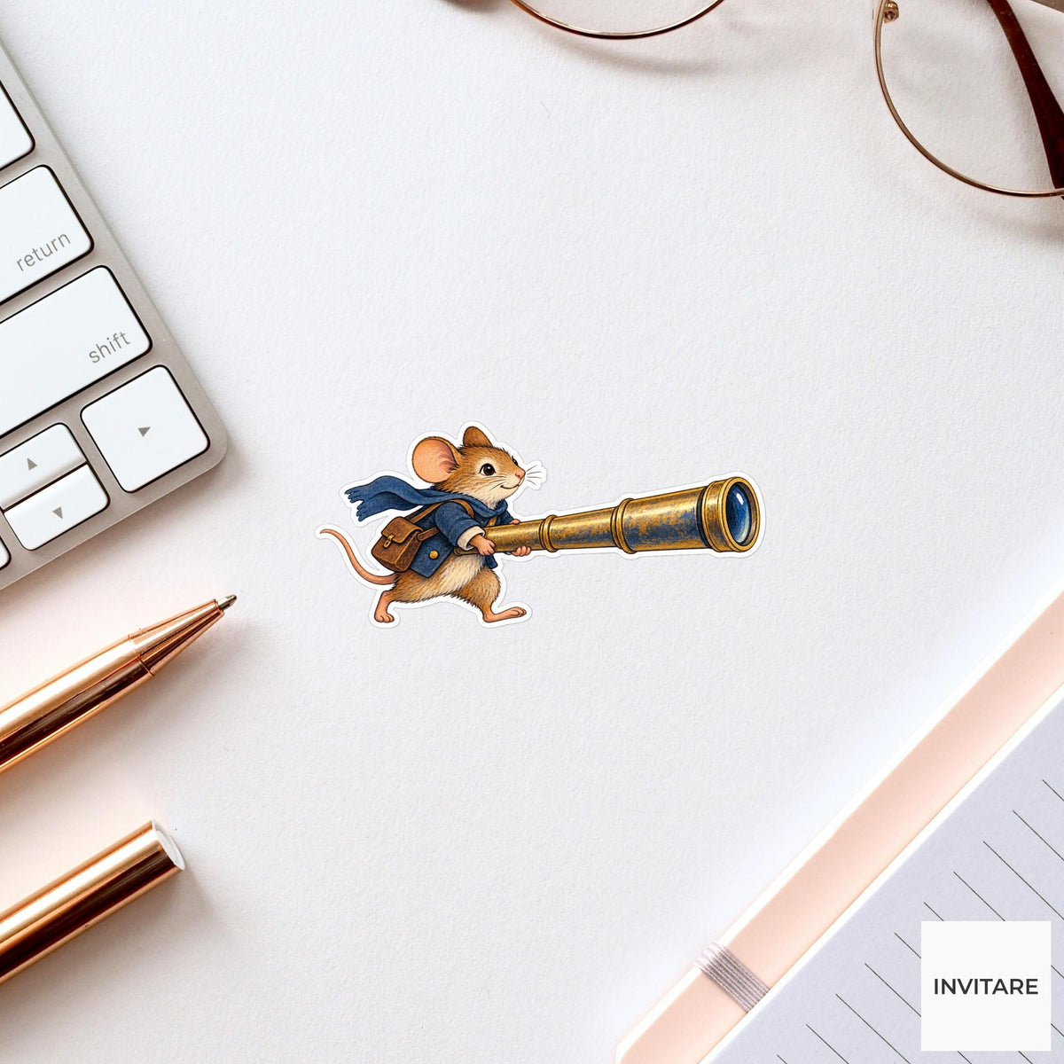 Mouse pulling a sliding brass telescope nearly as long as its whole body Vinyl Sticker