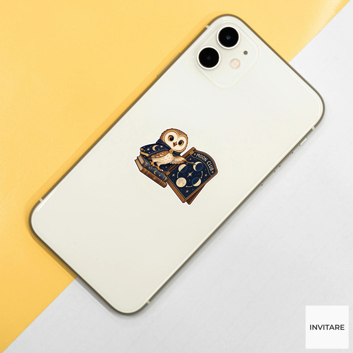 Owl pointing one wing at a crescent diagram on a hinged teaching board Vinyl Sticker